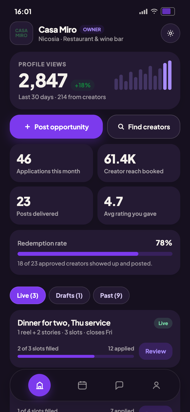 Vibely business owner dashboard